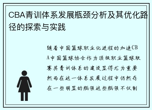 CBA青训体系发展瓶颈分析及其优化路径的探索与实践