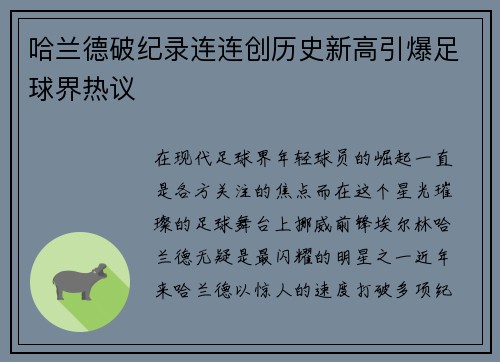 哈兰德破纪录连连创历史新高引爆足球界热议